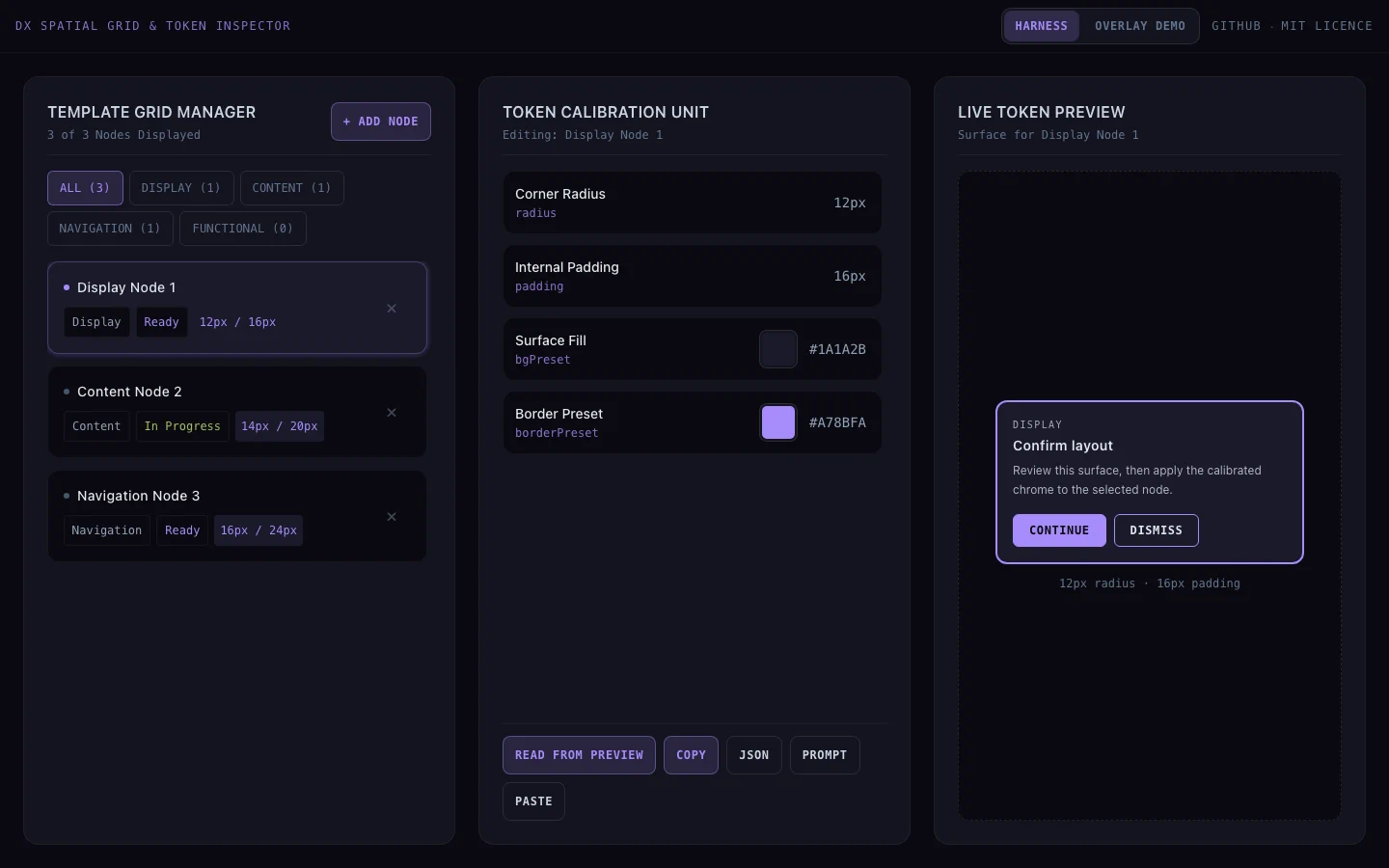 dx-grid-inspector Harness with Template Grid Manager, token fields for Display Node 1, and a preview card