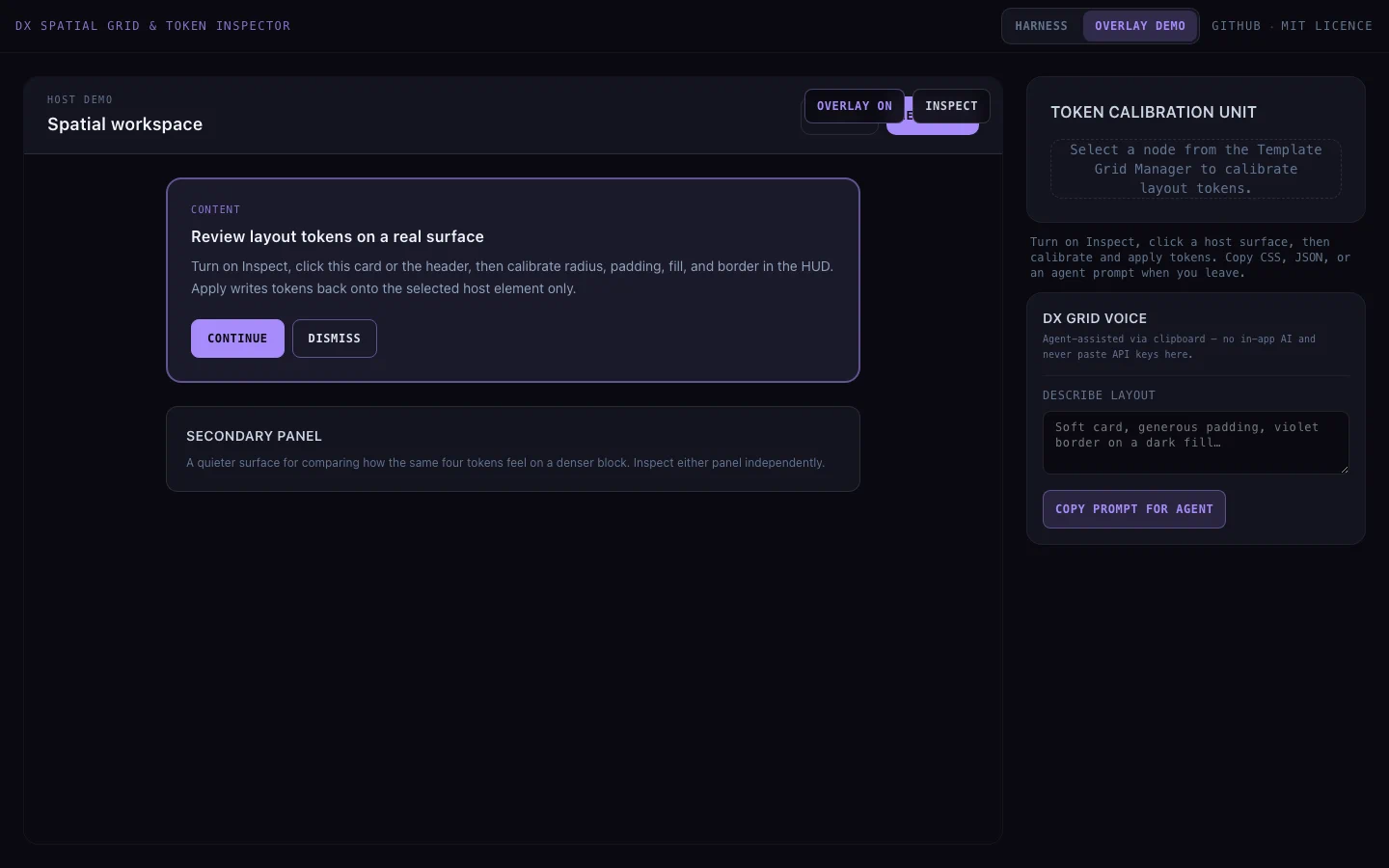 dx-grid-inspector Overlay Demo with inspect on over two host cards and a right-hand token panel